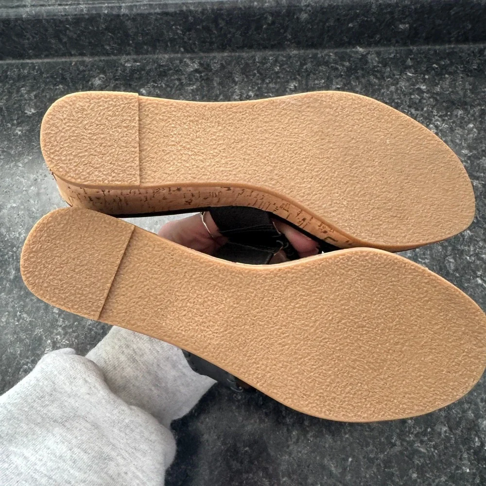 Jack Rogers Mid Wedge Cork Thong Sandals Women's Size 7 Woven Black Classic